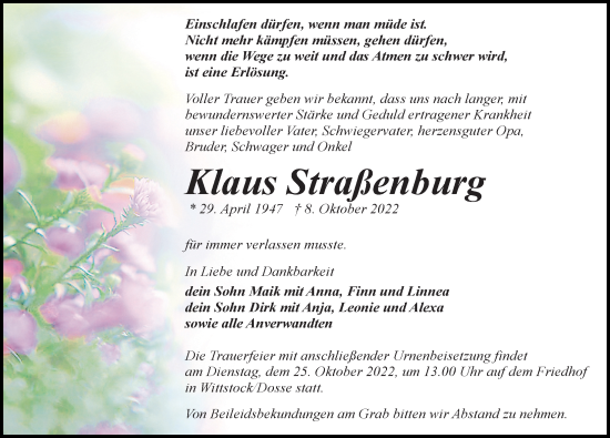 Traueranzeige von Klaus Straßenburg von Märkischen Allgemeine Zeitung