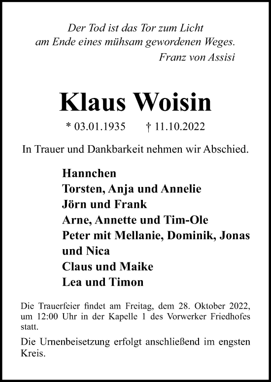 Traueranzeige von Klaus Woisin von Lübecker Nachrichten