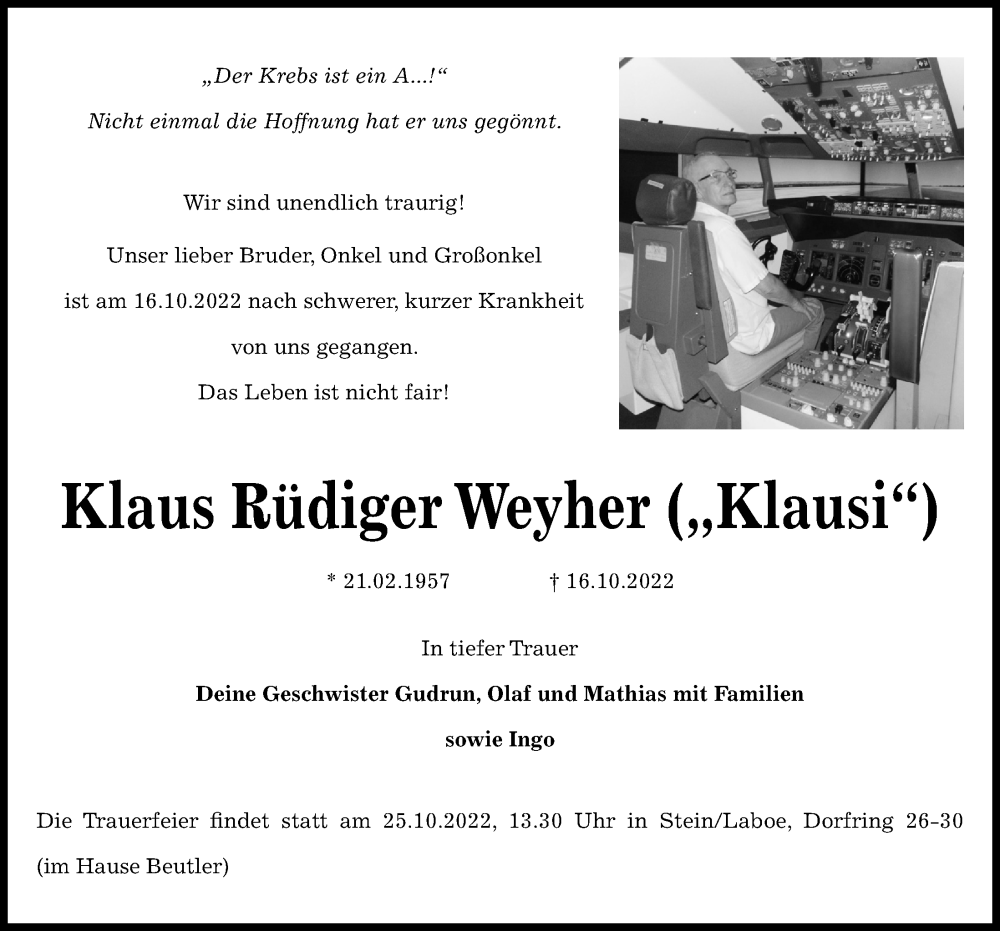  Traueranzeige für Klaus Rüdiger Weyher vom 22.10.2022 aus Kieler Nachrichten