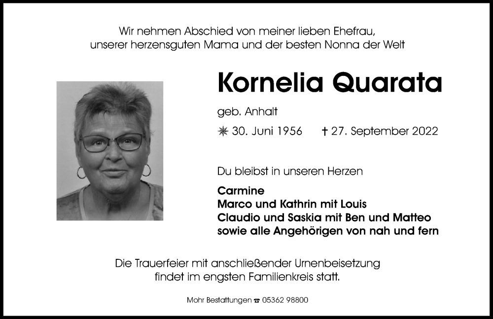  Traueranzeige für Kornelia Quarata vom 01.10.2022 aus Aller Zeitung