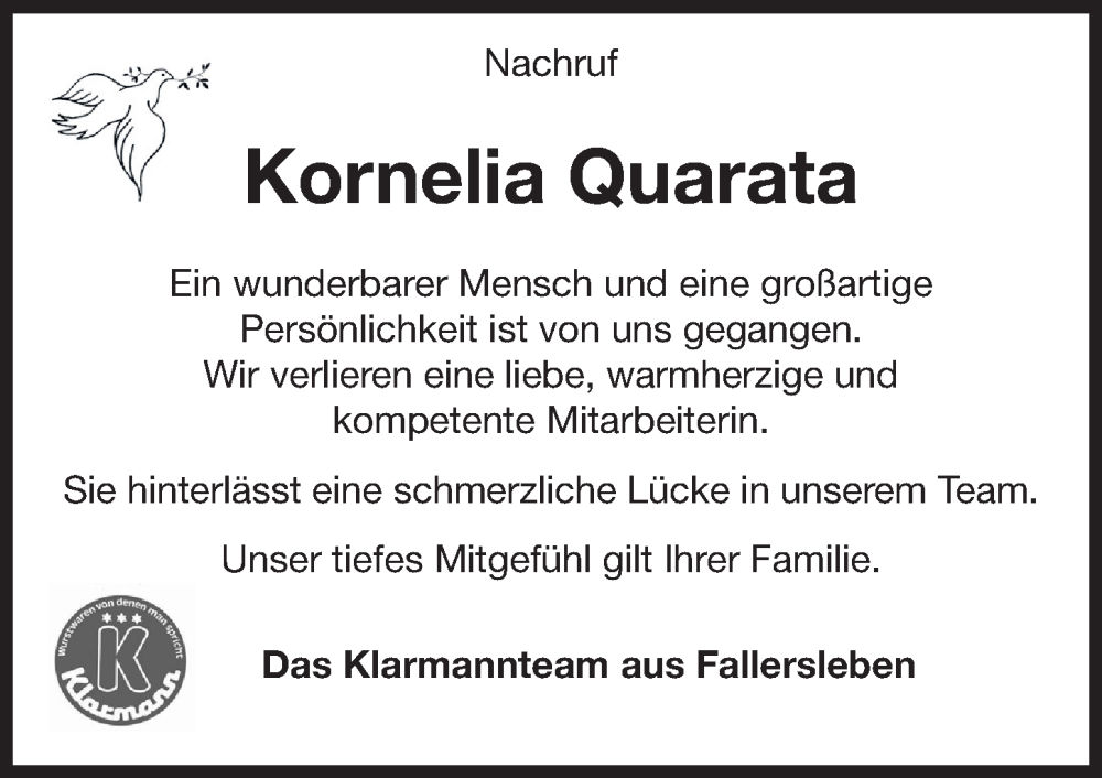  Traueranzeige für Kornelia Quarata vom 05.10.2022 aus Aller Zeitung