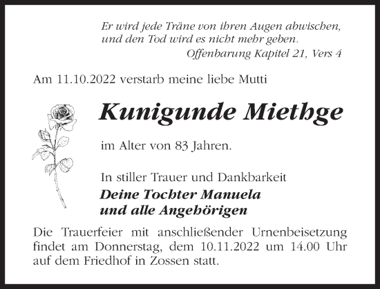 Traueranzeige von Kunigunde Miethge von Märkischen Allgemeine Zeitung