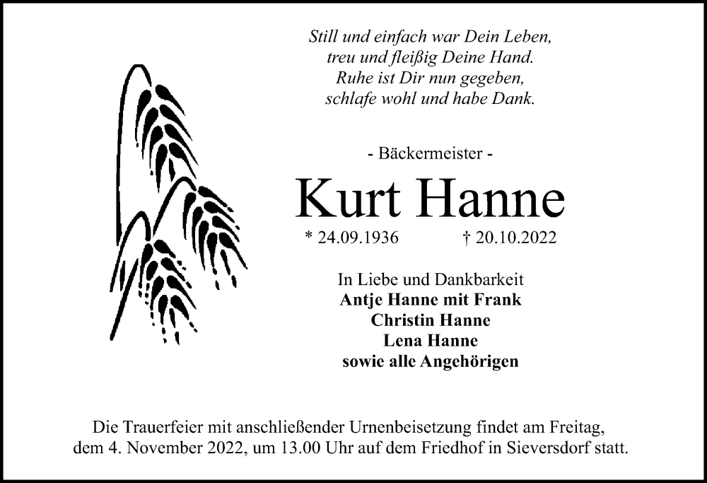  Traueranzeige für Kurt Hanne vom 22.10.2022 aus Märkischen Allgemeine Zeitung