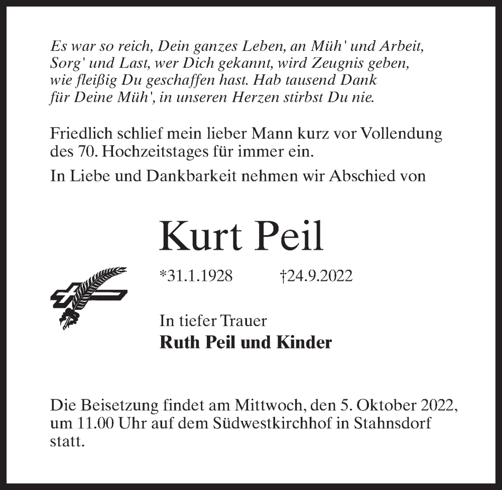  Traueranzeige für Kurt Peil vom 01.10.2022 aus Märkischen Allgemeine Zeitung