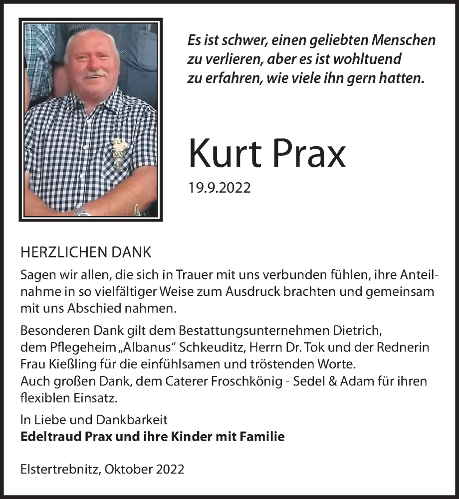  Traueranzeige für Kurt Prax vom 15.10.2022 aus Leipziger Volkszeitung