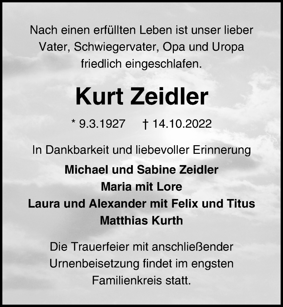  Traueranzeige für Kurt Zeidler vom 22.10.2022 aus Ostsee-Zeitung GmbH