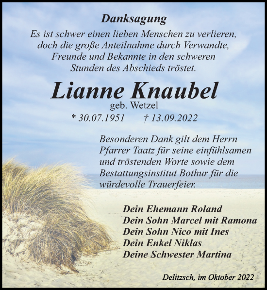 Traueranzeige von Lianne Knaubel von Leipziger Volkszeitung