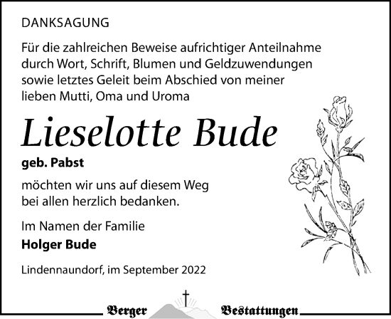Traueranzeige von Lieselotte Bude von Leipziger Volkszeitung