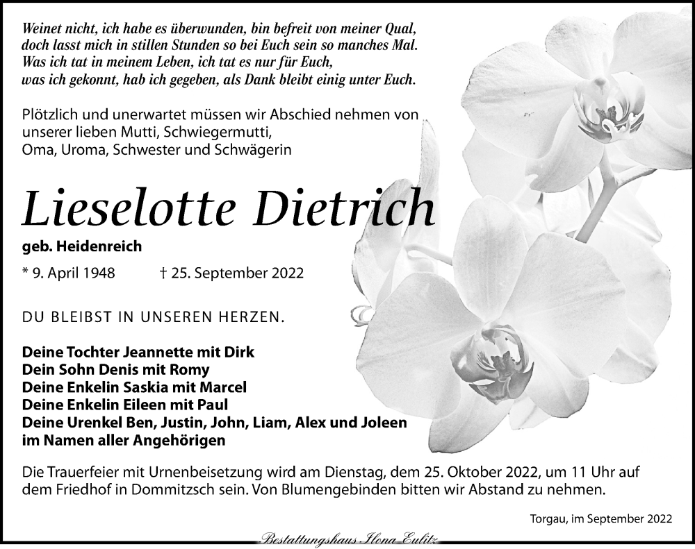  Traueranzeige für Lieselotte Dietrich vom 01.10.2022 aus Torgauer Zeitung