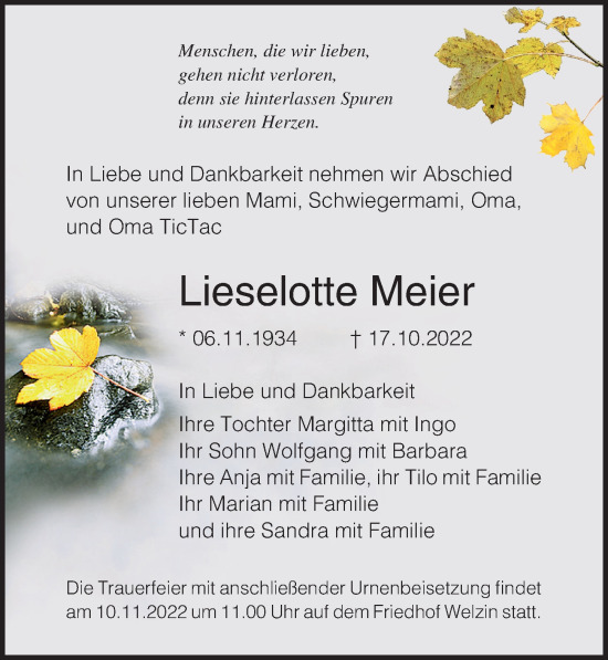 Traueranzeige von Lieselotte Meier von Ostsee-Zeitung GmbH