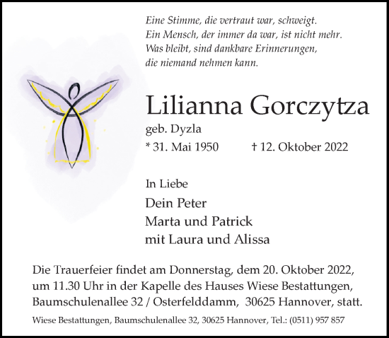 Traueranzeige von Lilianna Gorczytza von Hannoversche Allgemeine Zeitung/Neue Presse