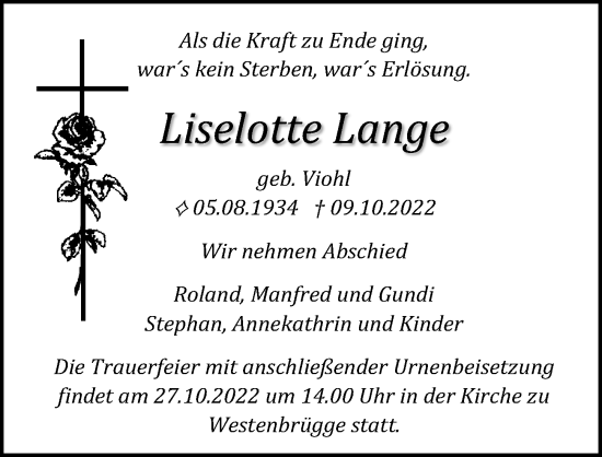 Traueranzeige von Liselotte Lange von Ostsee-Zeitung GmbH