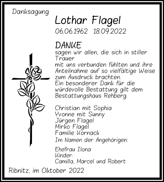 Traueranzeige von Lothar Flagel von Ostsee-Zeitung GmbH