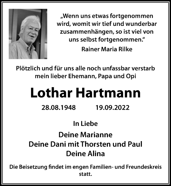 Traueranzeige von Lothar Hartmann von Märkischen Allgemeine Zeitung