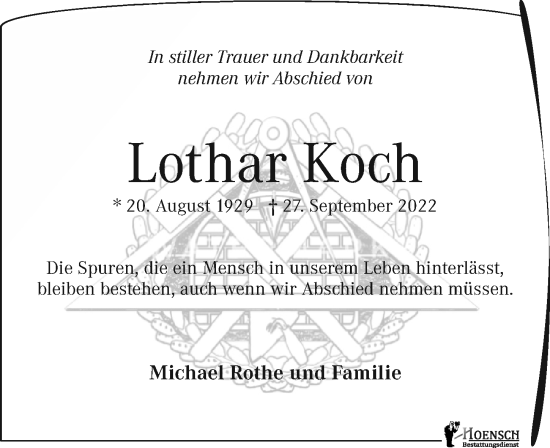 Traueranzeige von Lothar Koch von Leipziger Volkszeitung
