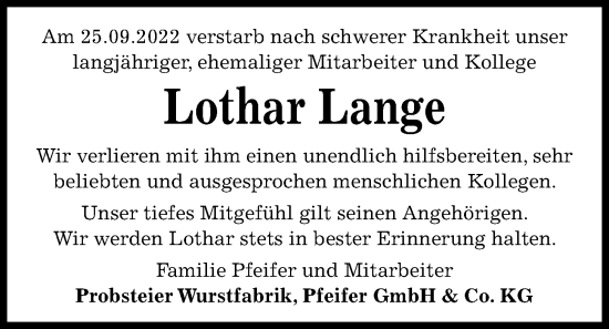 Traueranzeige von Lothar Lange von Kieler Nachrichten