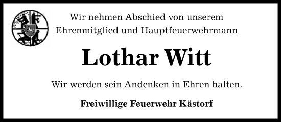 Traueranzeige von Lothar Witt von Aller Zeitung