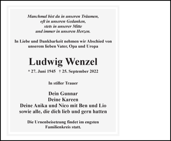 Traueranzeige von Ludwig Wenzel von Ostsee-Zeitung GmbH