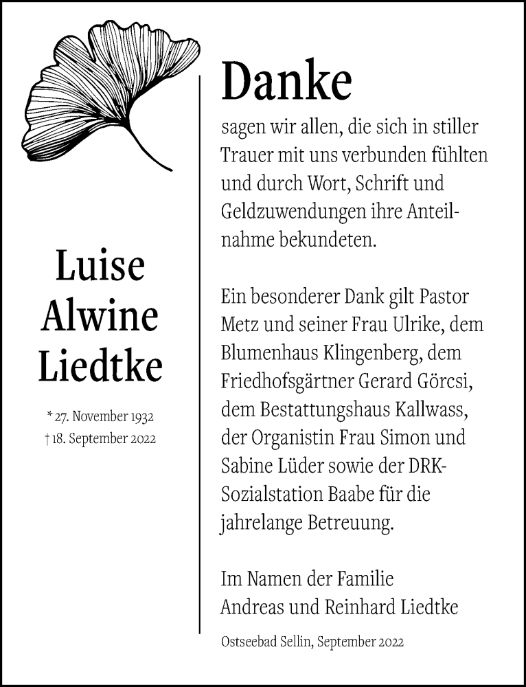  Traueranzeige für Luise Alwine Liedtke vom 01.10.2022 aus Ostsee-Zeitung GmbH
