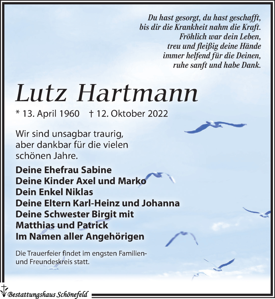  Traueranzeige für Lutz Hartmann vom 22.10.2022 aus Leipziger Volkszeitung