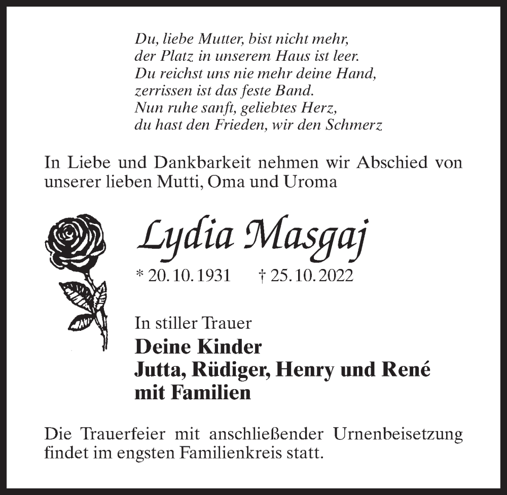  Traueranzeige für Lydia Masgaj vom 29.10.2022 aus Märkischen Allgemeine Zeitung