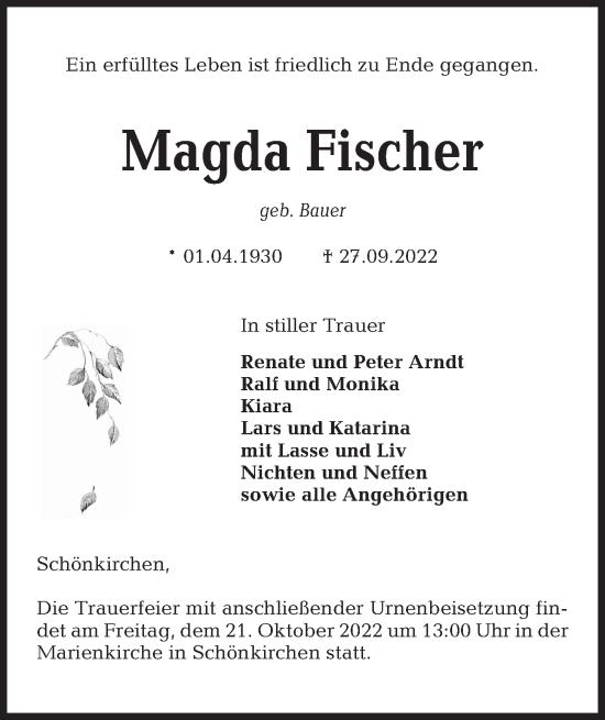 Traueranzeige von Magda Fischer von Kieler Nachrichten