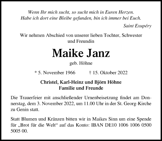 Traueranzeige von Maike Janz von Lübecker Nachrichten