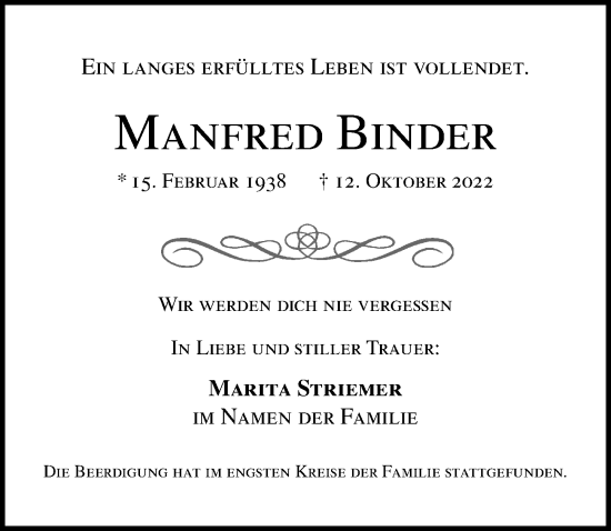 Traueranzeige von Manfred Binder von Lübecker Nachrichten