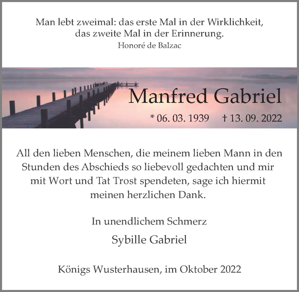  Traueranzeige für Manfred Gabriel vom 01.10.2022 aus Märkischen Allgemeine Zeitung