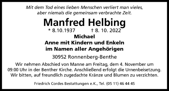 Traueranzeige von Manfred Helbing von Hannoversche Allgemeine Zeitung/Neue Presse