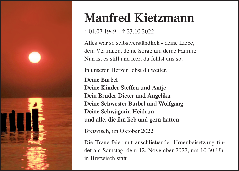  Traueranzeige für Manfred Kietzmann vom 29.10.2022 aus Ostsee-Zeitung GmbH