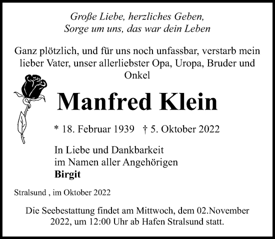 Traueranzeige von Manfred Klein von Ostsee-Zeitung GmbH