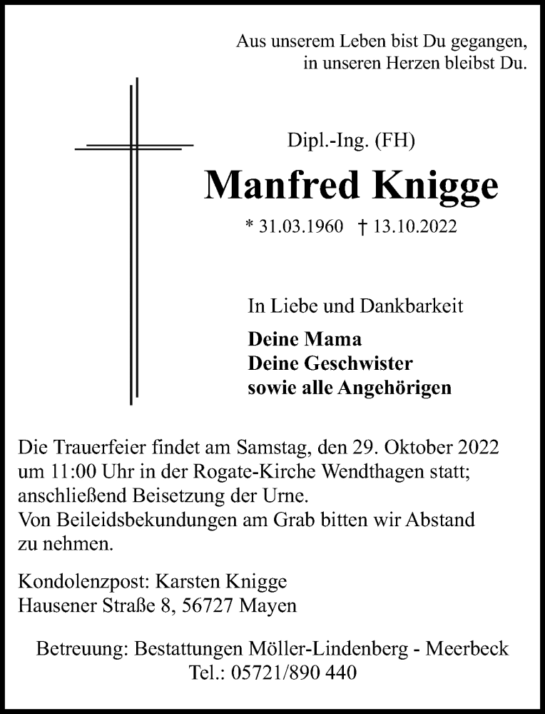  Traueranzeige für Manfred Knigge vom 22.10.2022 aus Schaumburger Nachrichten