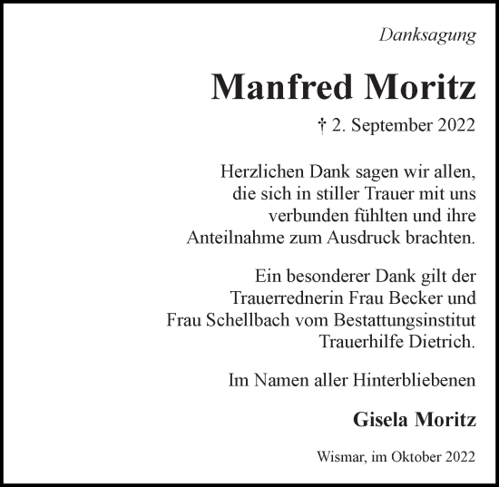 Traueranzeige von Manfred Moritz von Ostsee-Zeitung GmbH