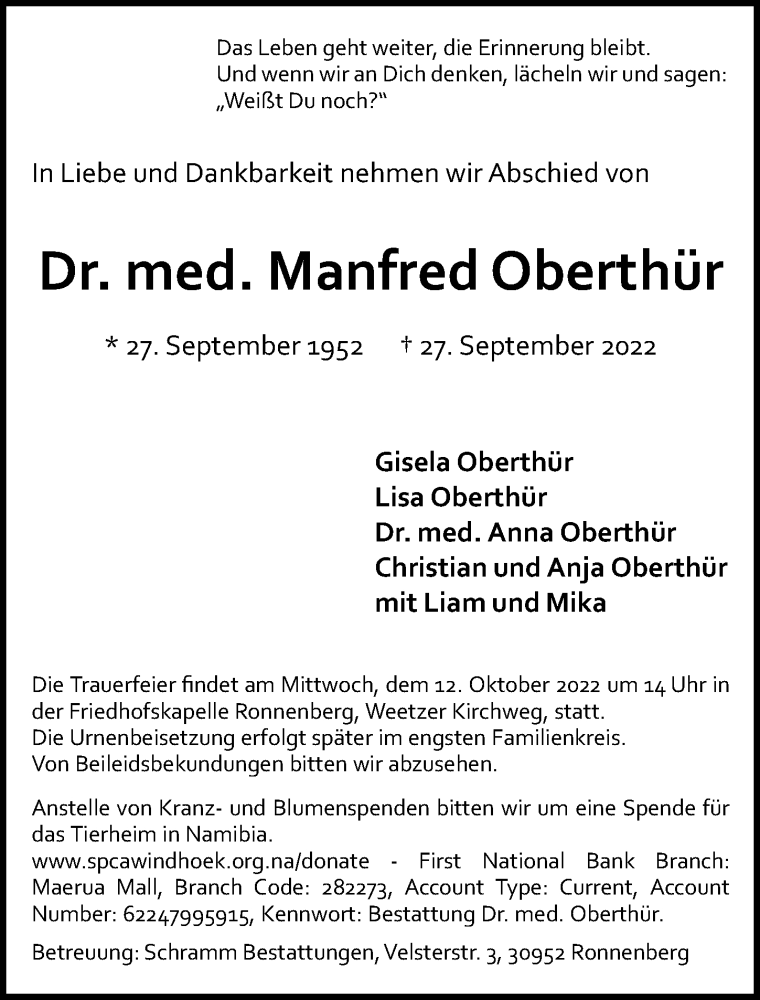  Traueranzeige für Manfred Oberthür vom 08.10.2022 aus Hannoversche Allgemeine Zeitung/Neue Presse