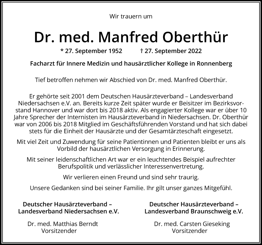  Traueranzeige für Manfred Oberthür vom 01.10.2022 aus Hannoversche Allgemeine Zeitung/Neue Presse