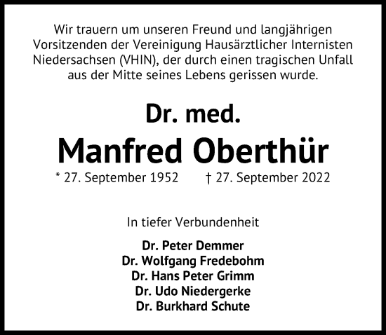 Traueranzeige von Manfred Oberthür von Hannoversche Allgemeine Zeitung/Neue Presse