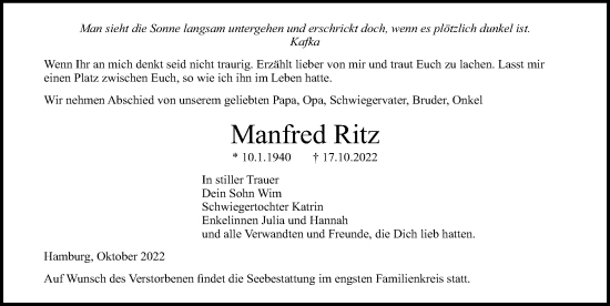 Traueranzeige von Manfred Ritz von Ostsee-Zeitung GmbH