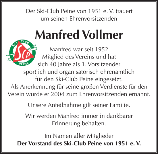 Traueranzeige von Manfred Vollmer von Peiner Allgemeine Zeitung