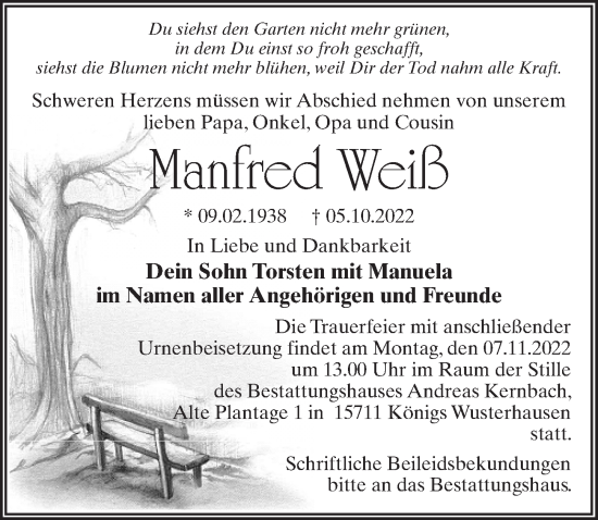 Traueranzeige von Manfred Weiß von Märkischen Allgemeine Zeitung