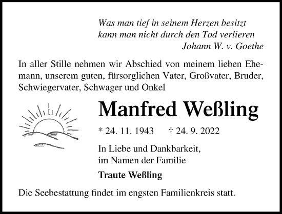 Traueranzeige von Manfred Weßling von Ostsee-Zeitung GmbH