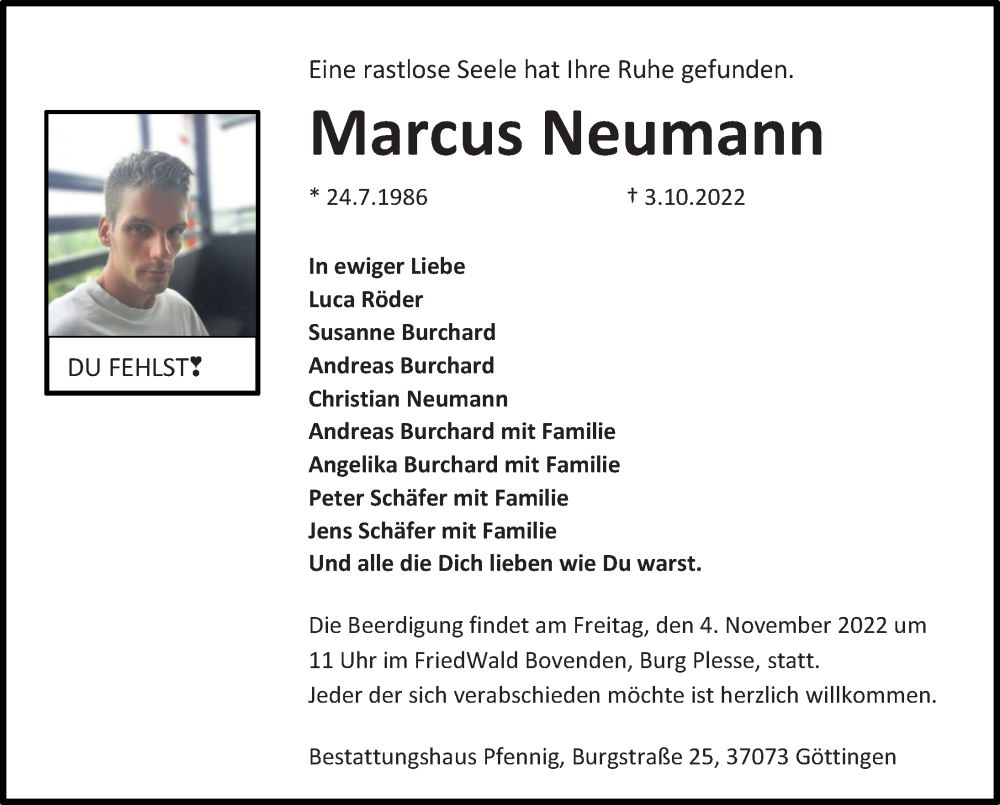  Traueranzeige für Marcus Neumann vom 29.10.2022 aus Göttinger Tageblatt