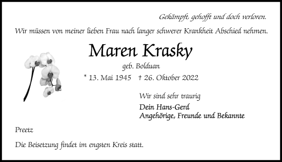 Traueranzeige von Maren Krasky von Kieler Nachrichten