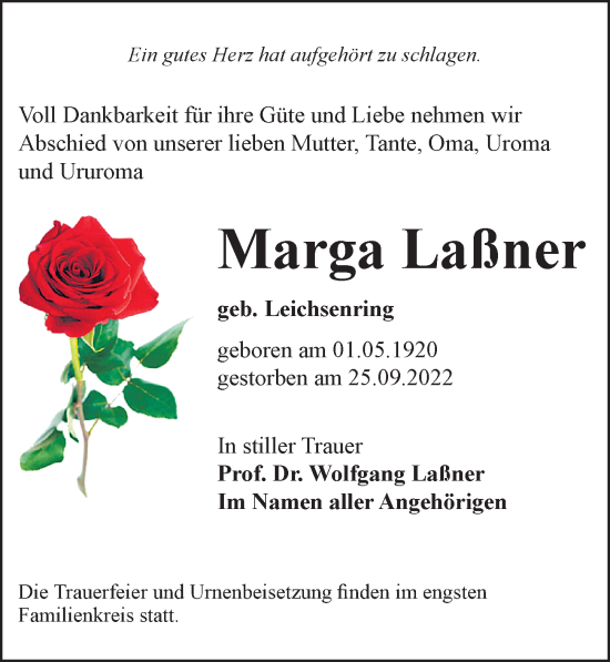 Traueranzeige von Marga Laßner von Leipziger Volkszeitung