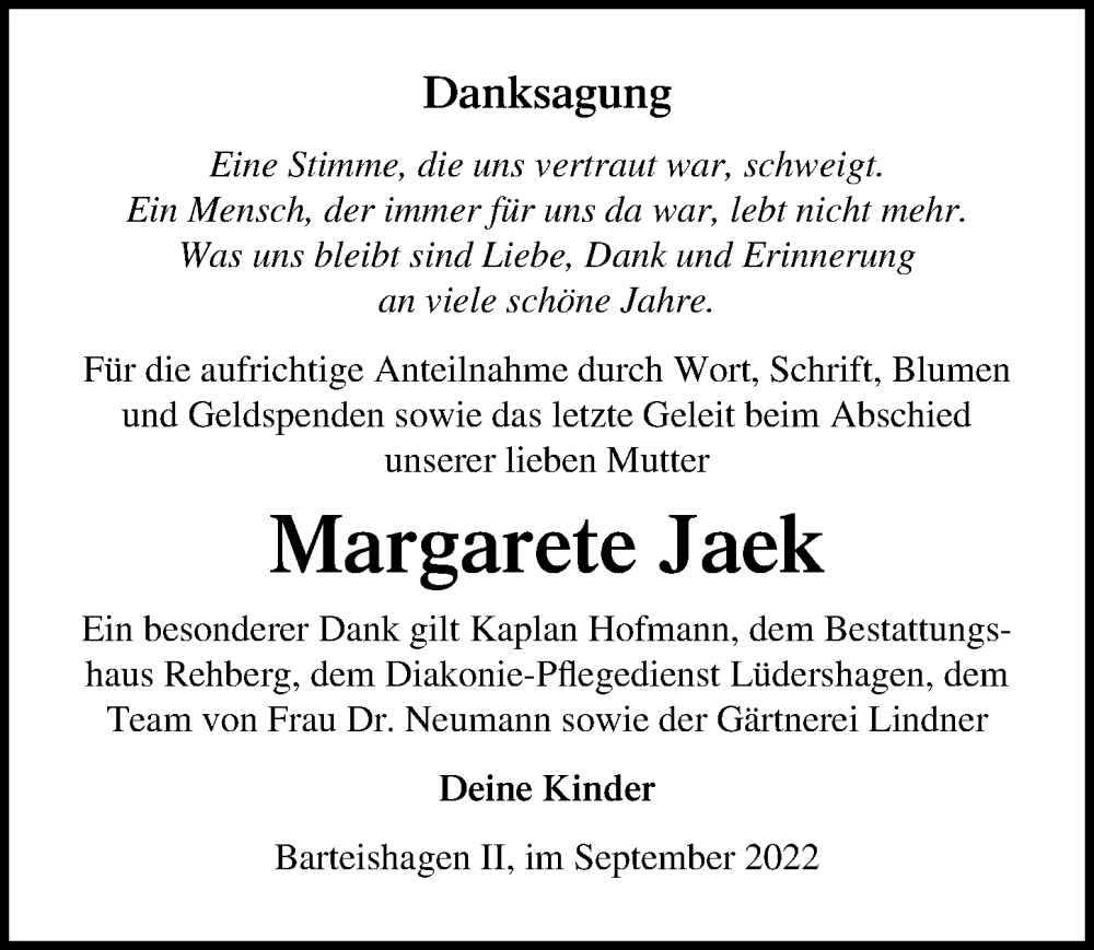  Traueranzeige für Margarete Jaek vom 01.10.2022 aus Ostsee-Zeitung GmbH
