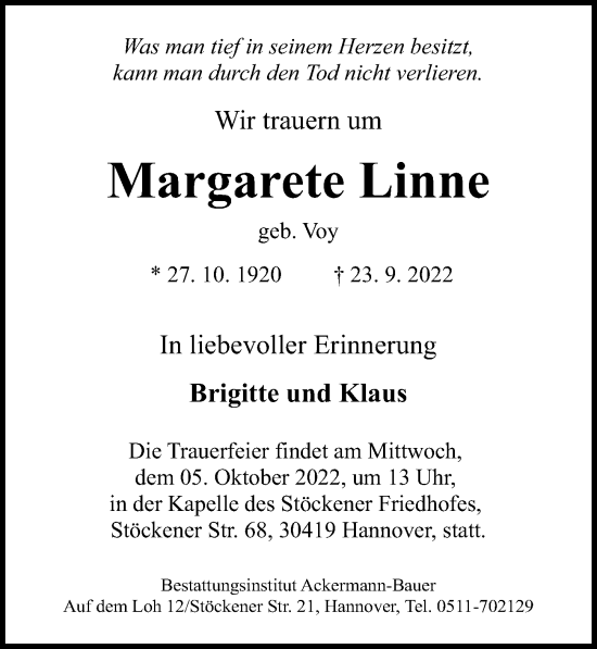 Traueranzeige von Margarete Linne von Hannoversche Allgemeine Zeitung/Neue Presse