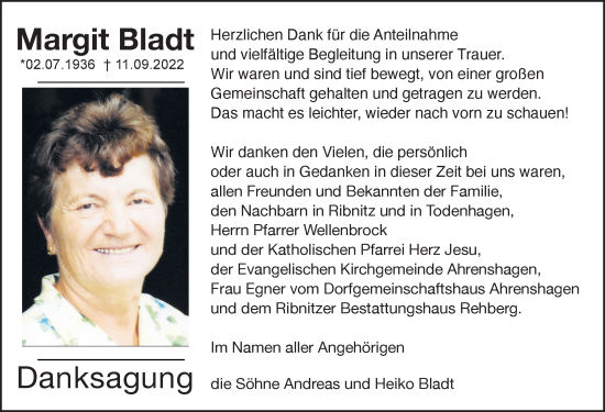 Traueranzeige von Margit Bladt von Ostsee-Zeitung GmbH