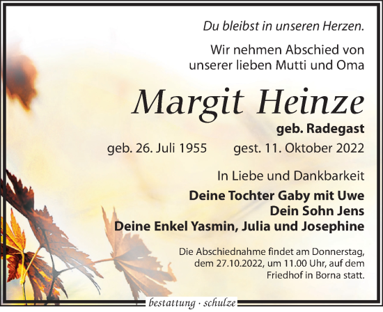 Traueranzeige von Margit Heinze von Leipziger Volkszeitung