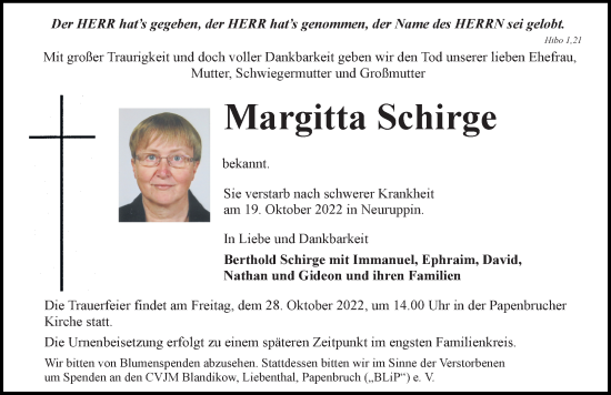 Traueranzeige von Margitta Schirge von Märkischen Allgemeine Zeitung