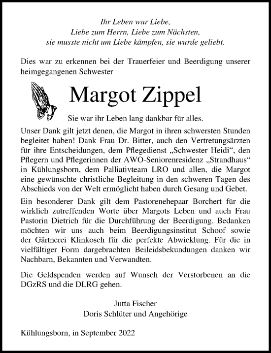Traueranzeige von Margot Zippel von Ostsee-Zeitung GmbH